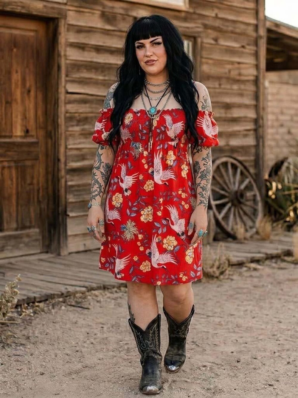 Love Tree Red Crane Peony Print Smocked Mini Dress Boho Festival Japancore